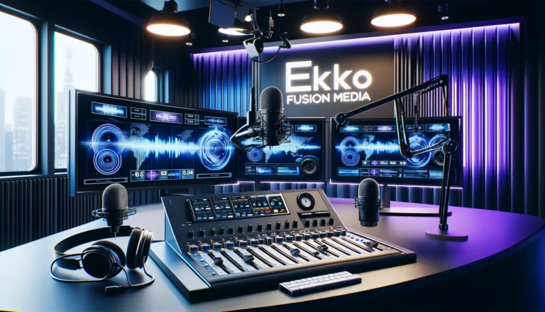 Modern broadcasting studio with high-tech equipment and vibrant blue and purple color scheme.